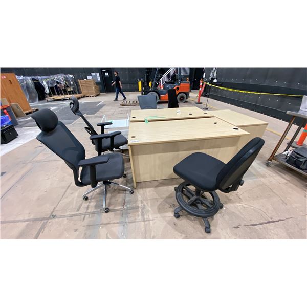 2 LARGE LIGHT WOOD DESKS, 5 OFFICE CHAIRS, SMALL CABINET & WHITE 3 TIER TABLE