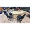 Image 1 : 2 LARGE LIGHT WOOD DESKS, 5 OFFICE CHAIRS, SMALL CABINET & WHITE 3 TIER TABLE