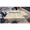 Image 2 : 2 LARGE LIGHT WOOD DESKS, 5 OFFICE CHAIRS, SMALL CABINET & WHITE 3 TIER TABLE