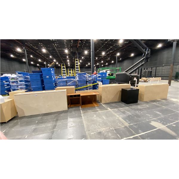 LARGE GROUP OF ASSORTED OFFICE FURNITURE- APPROX 21 PCS- MOSTLY UNFINISHED PLYWOOD SHELVING UNITS