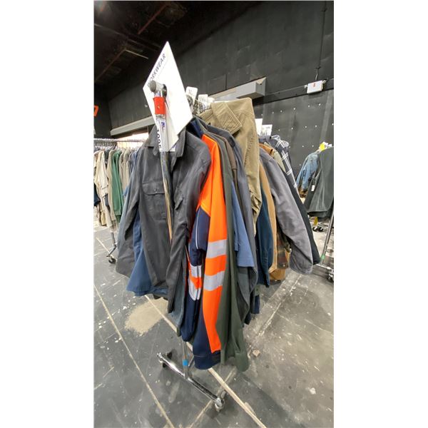 LARGE GROUP OF ASSORTED PRODUCTION COSTUME ITEMS- WORK CLOTHES, VESTS, JACKETS, OVERALLS & MORE