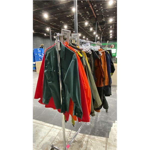 LARGE GROUP OF ASSORTED PRODUCTION COSTUME ITEMS- RAIN GEAR, WORK CLOTHES, OVERALLS & MORE