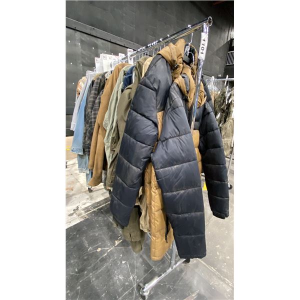 LARGE GROUP OF ASSORTED PRODUCTION COSTUME ITEMS- JACKETS, TSHIRTS, JEANS, SWEATPANTS & MORE
