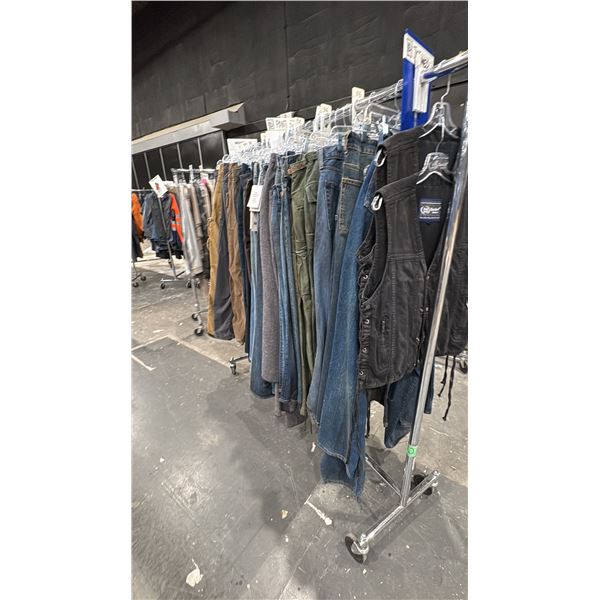 LARGE GROUP OF ASSORTED PRODUCTION COSTUME ITEMS- ASSORTED STYLE PANTS & JEAN VESTS