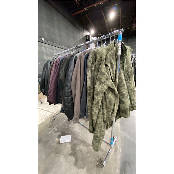 LARGE GROUP OF ASSORTED PRODUCTION COSTUME ITEMS- ASSORTED STYLE JACKETS (LEATHER, DRESS, CAMO,