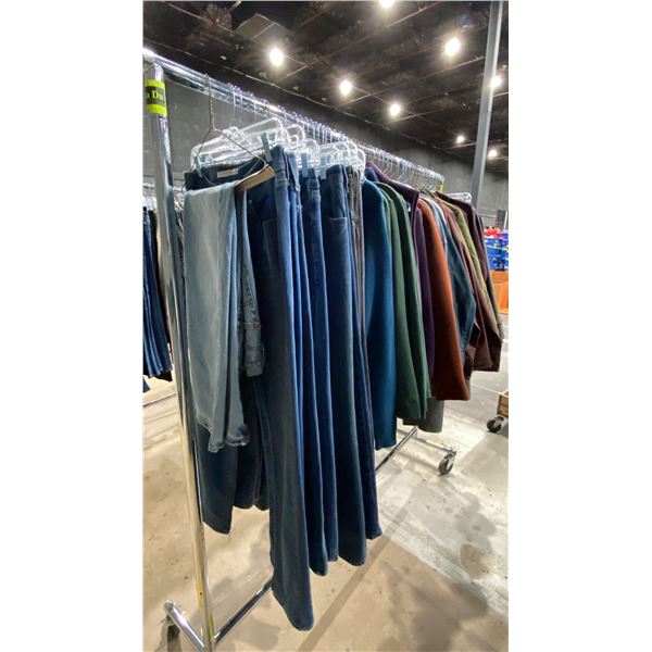 LARGE GROUP OF ASSORTED PRODUCTION COSTUME ITEMS- JACKETS, DRESS JACKETS, VESTS, JEANS & SWEATERS