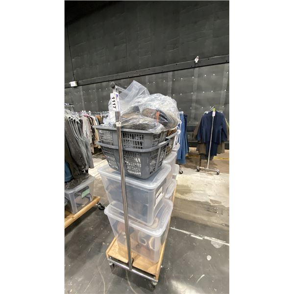 11 BINS OF ASSORTED BOOTS, WETSUIT SHOES & HOODS, CAMO BURLAP, GHILLIE BLANKET & MORE