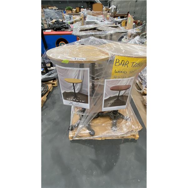 2 PALLETS OF 8 BAR HEIGHT ROUND TABLES- IDENTICAL BASES, ASSORTED TOPS