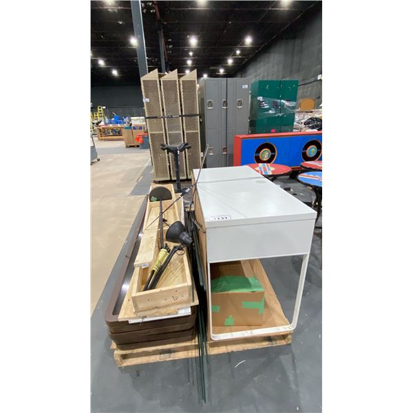 SMALL WHITE DESK, WOOD FRAMED PRIVACY GLASS ROOM DIVIDER PANELS, LAMP, METAL FLOWER STANDS &