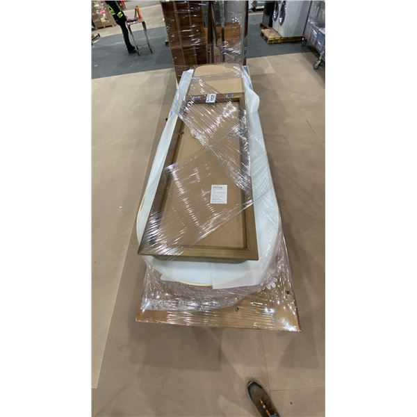 WOODEN WORKSHOP TABLE, STANDING MIRROR & 4 GOLD FRAMED CURVED TOP BUILD IN MIRRORS
