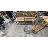 Image 1 : WOODEN BENCH WITH GOLD FRAMED GLASS SERVING CART & WICKER DECOR