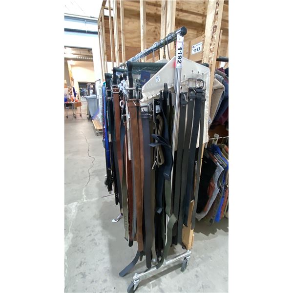 RACK OF ASSORTED PRODUCTION COSTUME ITEMS- TIES, BELTS, SUSPENDERS, POCKET SQUARES