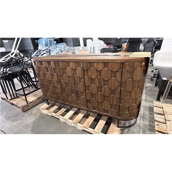 WOODEN 3 DOOR MEDIA STAND ON BLACK METAL FRAME