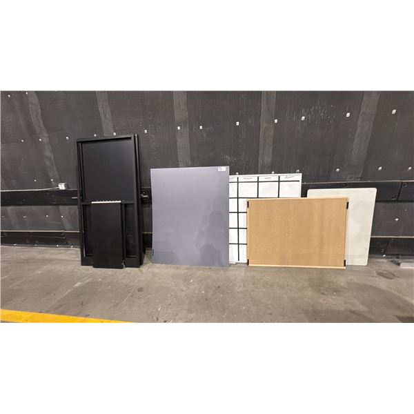 LARGE WHITEBOARD, CORKBOARD, 2 LARGE POSTER STANDS & MAGNETIC WALL BOARD
