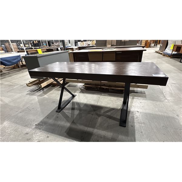 DARK WOOD TOP BLACK METAL FRAME DESK WITH 2 SMALL DRAWERS