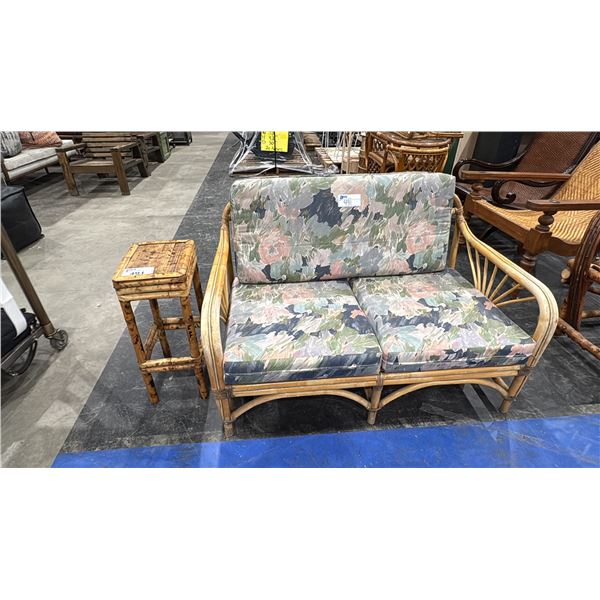 VINTAGE RATTAN LOVESEAT WITH FLORAL CUSHIONS & SMALL END TABLE