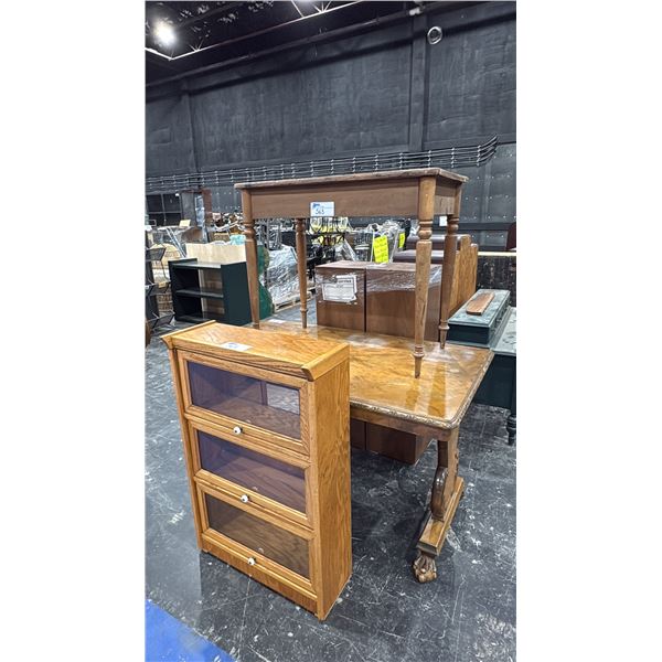 GROUP OF 5 PCS OF FURNITURE- GLASS FRONT 3 DOOR CABINET, 2 TABLES & 2 WOODEN STANDS