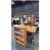 Image 1 : GROUP OF 5 PCS OF FURNITURE- GLASS FRONT 3 DOOR CABINET, 2 TABLES & 2 WOODEN STANDS