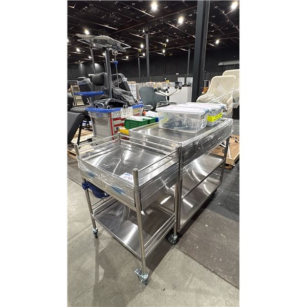 2 STAINLESS STEEL MOBILE CARTS WITH DRAWERS & 2 BINS OF OXYGEN OUTLETS, MEDIC, SUCTION REGULATOR &
