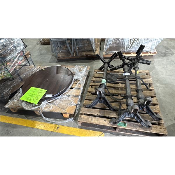 3 METAL BAR HEIGHT BASES WITH PALLET OF ROUND TABLE TOPS