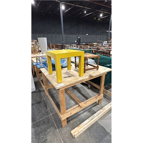 WOOD SHOP TABLE WITH CONTENTS- SMALL STOOL, 2 FOLDING CHAIRS,SIDE TABLE, PAINTING & FLOATING