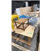 Image 2 : WOOD SHOP TABLE WITH CONTENTS- SMALL STOOL, 2 FOLDING CHAIRS,SIDE TABLE, PAINTING & FLOATING