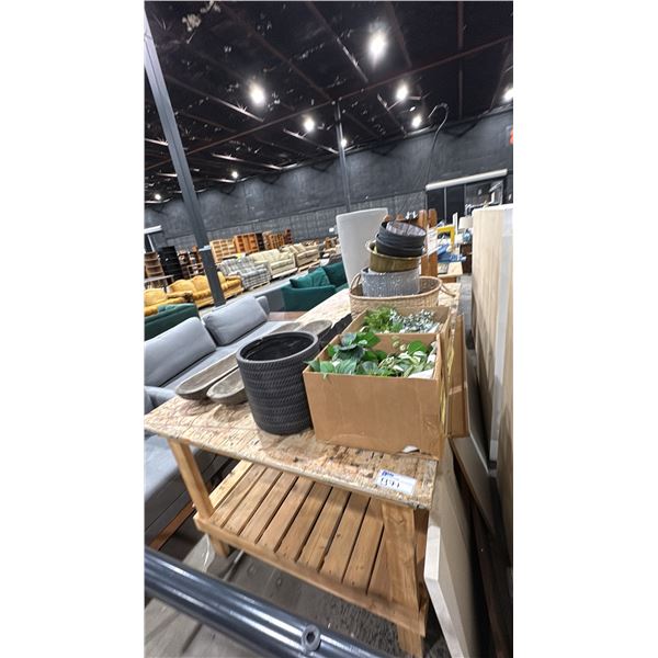 WOOD SHOP TABLE WITH CONTENTS- ASSORTED PLANTERS, PLANT STANDS & FAUX PLANTS