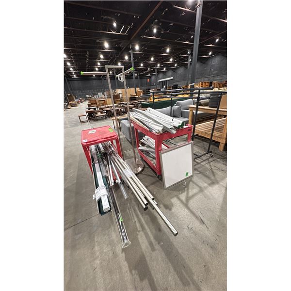 2 RED MOBILE CARTS WITH ASSORTED LIGHTING & 2 RACKS