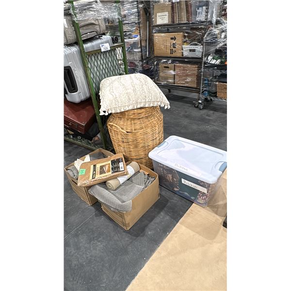 2 BOXES OF RUG PADS, WICKER STORAGE BASKET WITH BLANKETS, PILLOW & BIN OF RIBBON