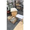 Image 1 : 2 BOXES OF RUG PADS, WICKER STORAGE BASKET WITH BLANKETS, PILLOW & BIN OF RIBBON