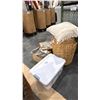 Image 2 : 2 BOXES OF RUG PADS, WICKER STORAGE BASKET WITH BLANKETS, PILLOW & BIN OF RIBBON