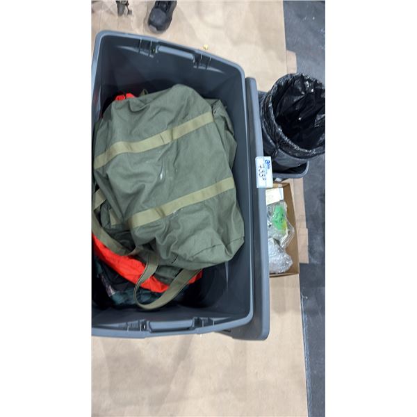BIN OF ASSORTED DUFFLE BAGS, 3 GARBAGE CANS & BOX OF CORRIDOR MOUNTS