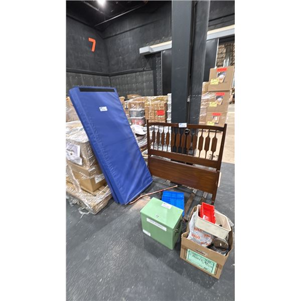 GROUP OF ASSORTED ITEMS- BED FRAME, GYM MAT, PORTABLE FILE CADDY & MORE