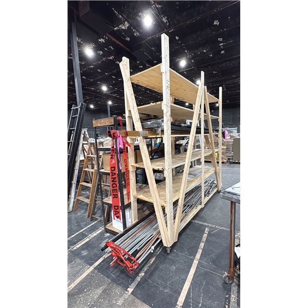 LARGE WOOD 6 TIER MOBILE STORAGE UNIT WITH ASSORTED METAL RODS, TUBING & METAL STANDS