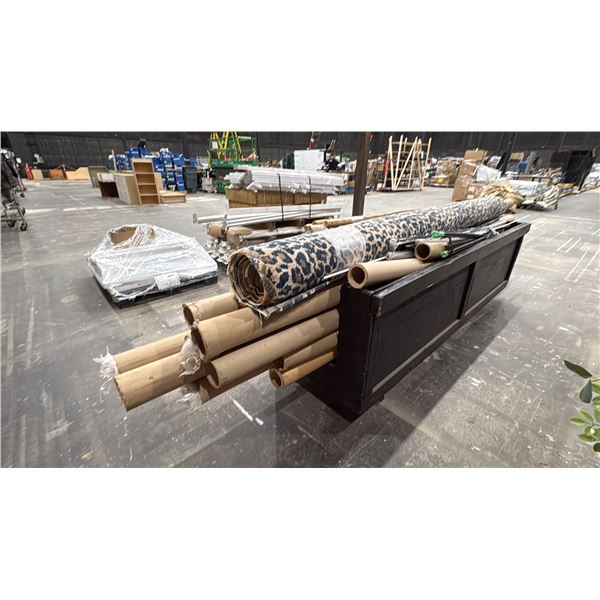 CONTENTS OF CART- 2 LARGE RUGS, LARGE BAMBOO STICKS & CURTAIN RODS