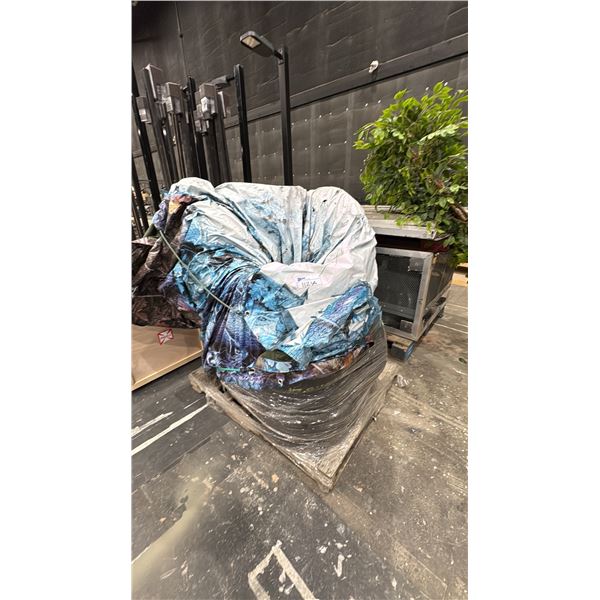 LARGE INDUSTRIAL CAGED VENTILATOR FAN, ASSORTED PANELS & PALLET OF TIRES