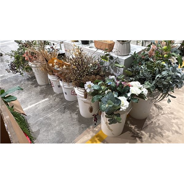 7 LARGE BUCKETS OF ASSORTED ARTIFICIAL FLORAL PLANTS & DECOR