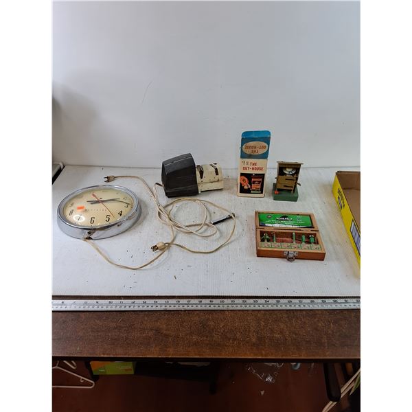 Variety Utems, Untested Carbide Router Bits, Outhouse Toy, Untested Press, Clock