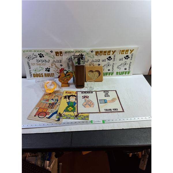 Assorted Posters, Glassware, Corn Cob Accessories, and Kitchen Canister