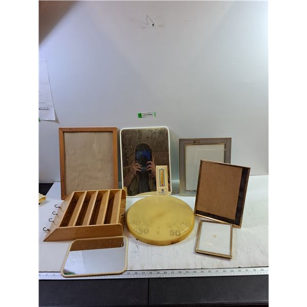 Assortment of Mirrors, Picture Frames, Temperature Gauge and Thermometer
