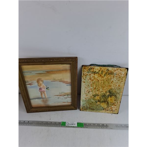 Framed Watercolor Wall Art Painting & Metal Wall Sign