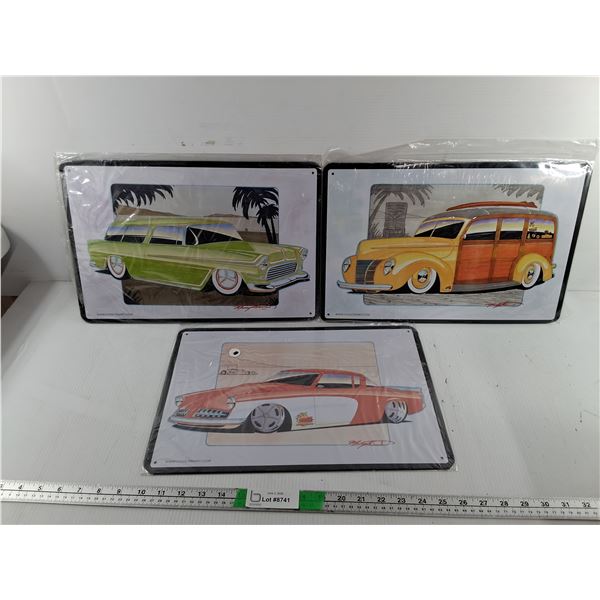 (3) Vintage Style Metal Car Signs 16.5" x 10.75"