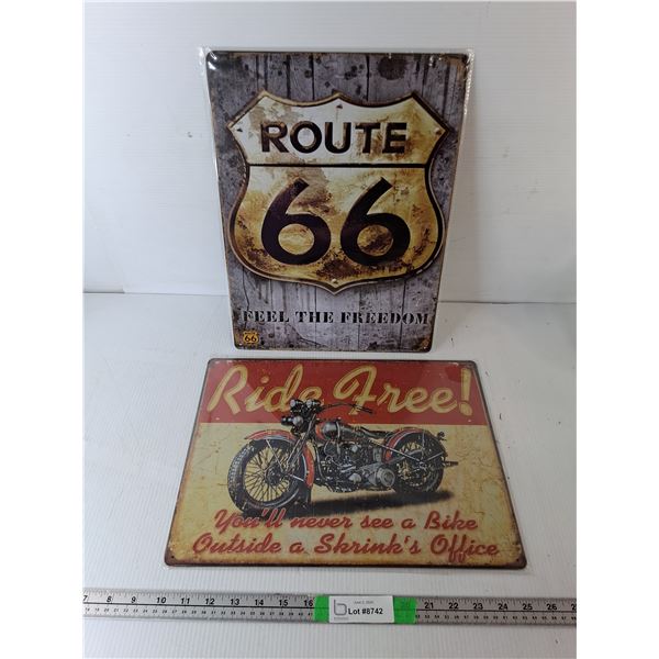 Ride Free & Route 66 Metal Signs 15.75" x 11.75"