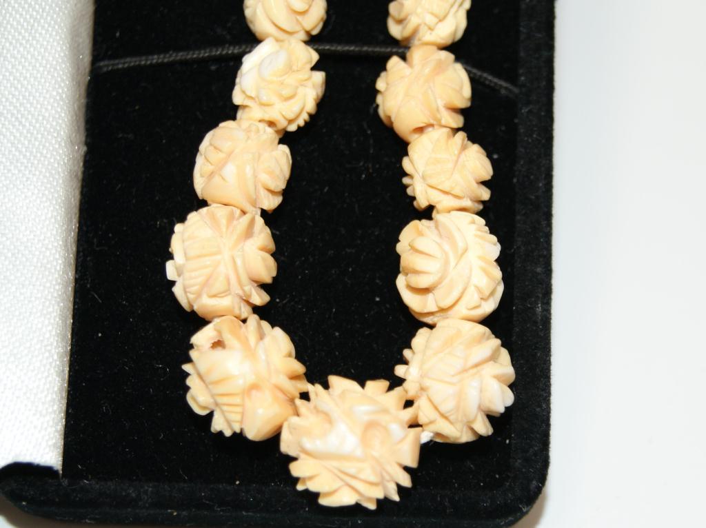 Antique Edwardian Carved Ivory Rose Bead Necklace