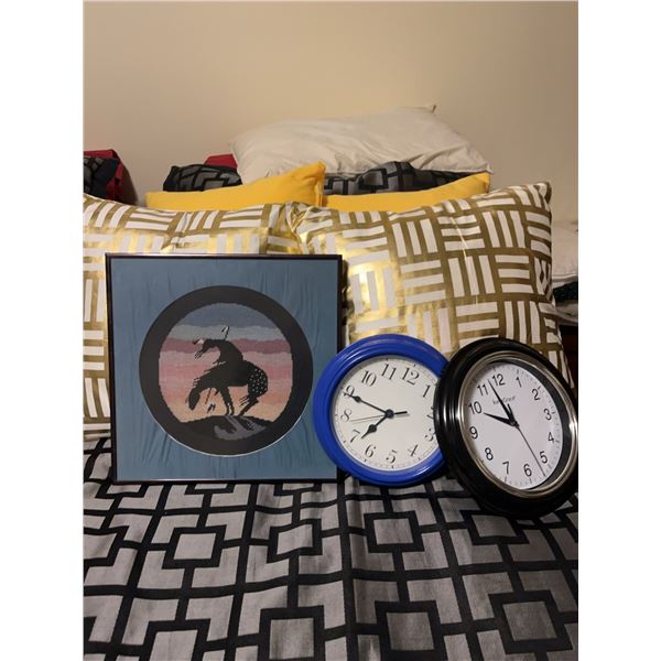 Framed Cross-Stitch Horse With Clocks