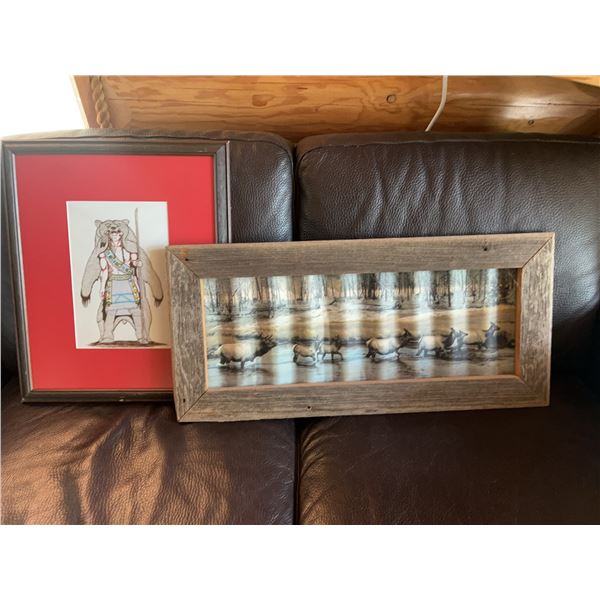 Framed Wildlife Print and Native Figure Art