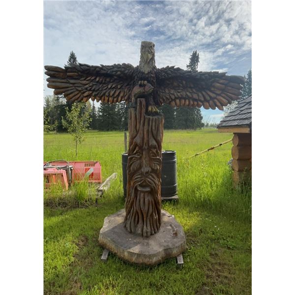 Chainsaw Carved Wood Eagle and Tree Face Totem Pole Amazing Piece