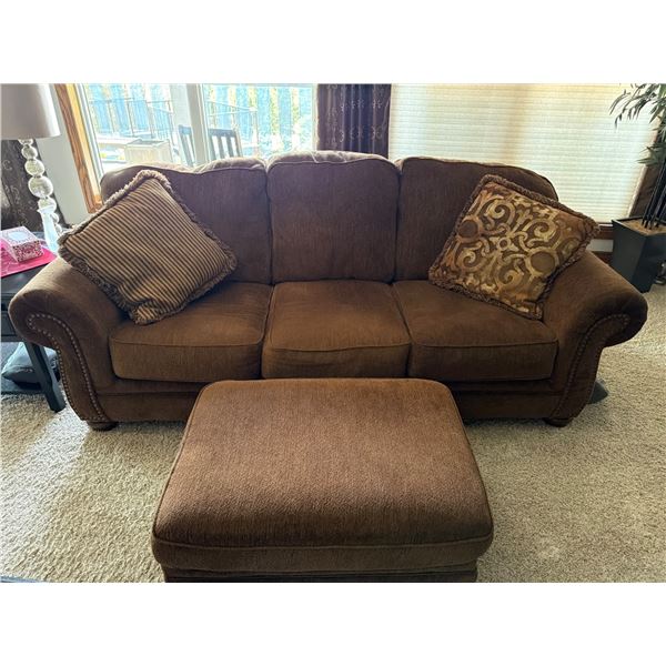 Brown Fabric Sofa with Matching Ottoman