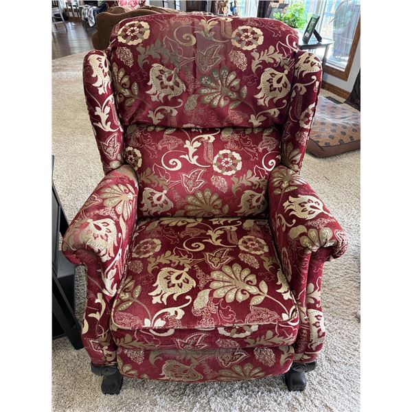 Upholstered Red and Gold Wingback Recliner Chair