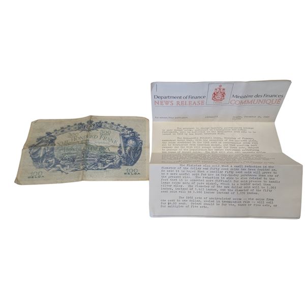 1942 5-Cent French Banknote & 1967 Dept. of Finance News Release